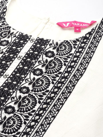 Varanga Women Round Neck Thread Embroidered Kurta Paired With Tonal Bottom And Embroidered Dupatta